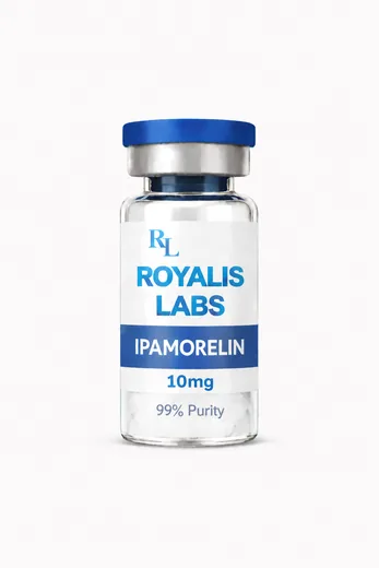 Royalis research vial labelled IPAMORELIN (10mg), batch JAN-151610