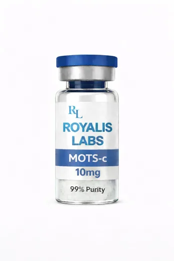Royalis research vial labelled MOTS-c (10mg), batch JAN-151687