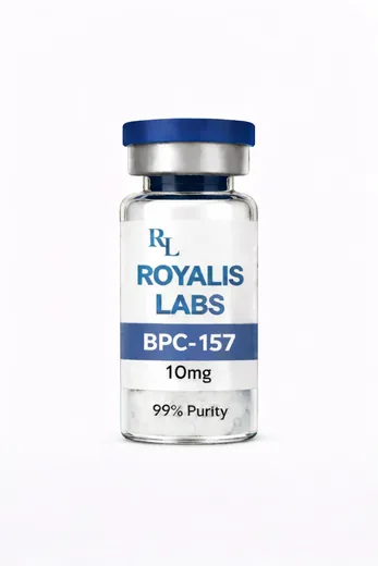 Royalis research vial labelled BPC-157 (10 mg), batch JAN-151659