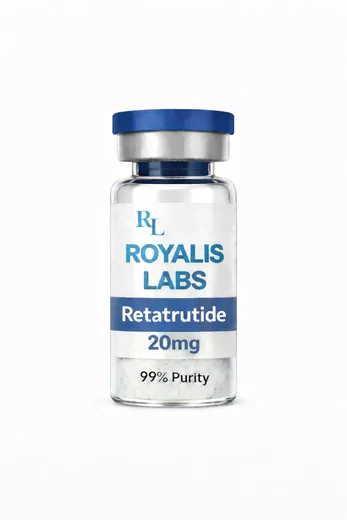 Royalis research vial labelled Retatrutide (20mg), batch JAN-151624